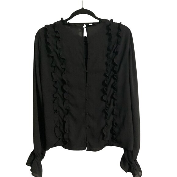 WREN & WILLA Long Sleeve Black Button Down Back Sheer Top size Medium - Picture 2 of 11